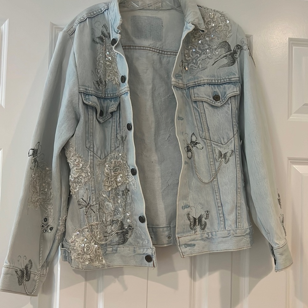 Capuccino Butterfly Lace Denim Jacket